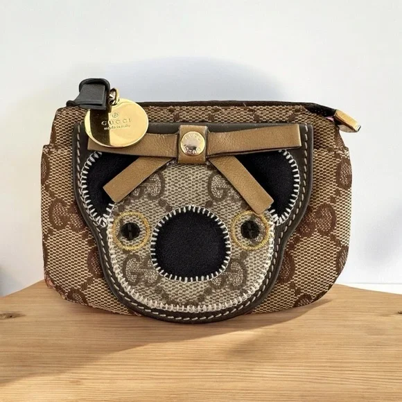 Authentic GUCCI Tan GG Monogram Canvas & Brown Leather Teddy Bear Card Holder - Picture 13 of 16